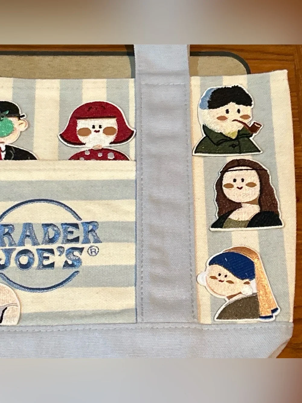 Upcycled Trader Joe's Light Blue Canvas Tote Bag with Art & Artists Patches